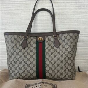 Gucci Ophidia Beige Monogram Tote with Red and Green Stripe
